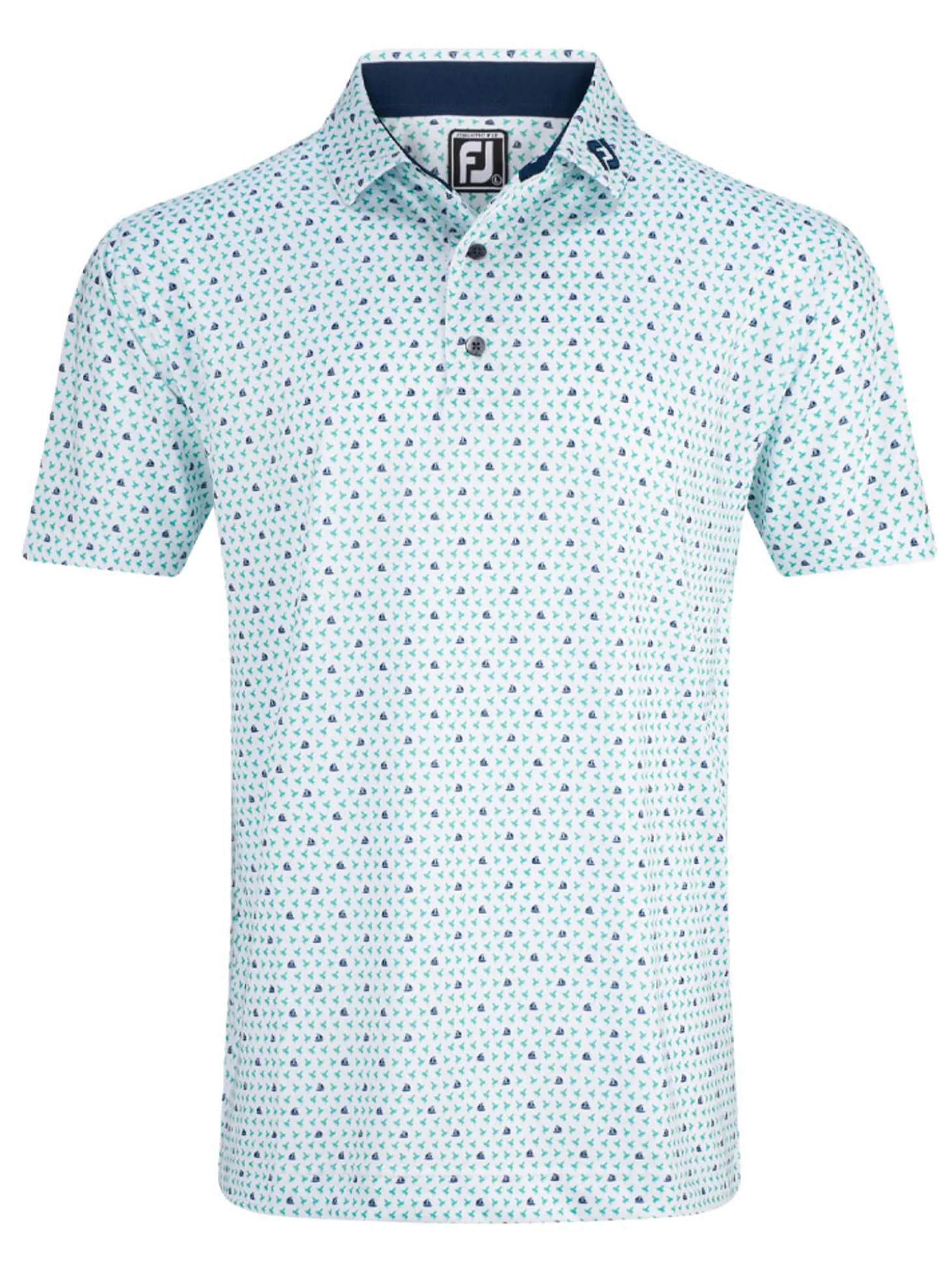 FootJoy Flying Wasp Print Lisle Polo Shirt (Athletic Fit) - White/Emerald/Navy