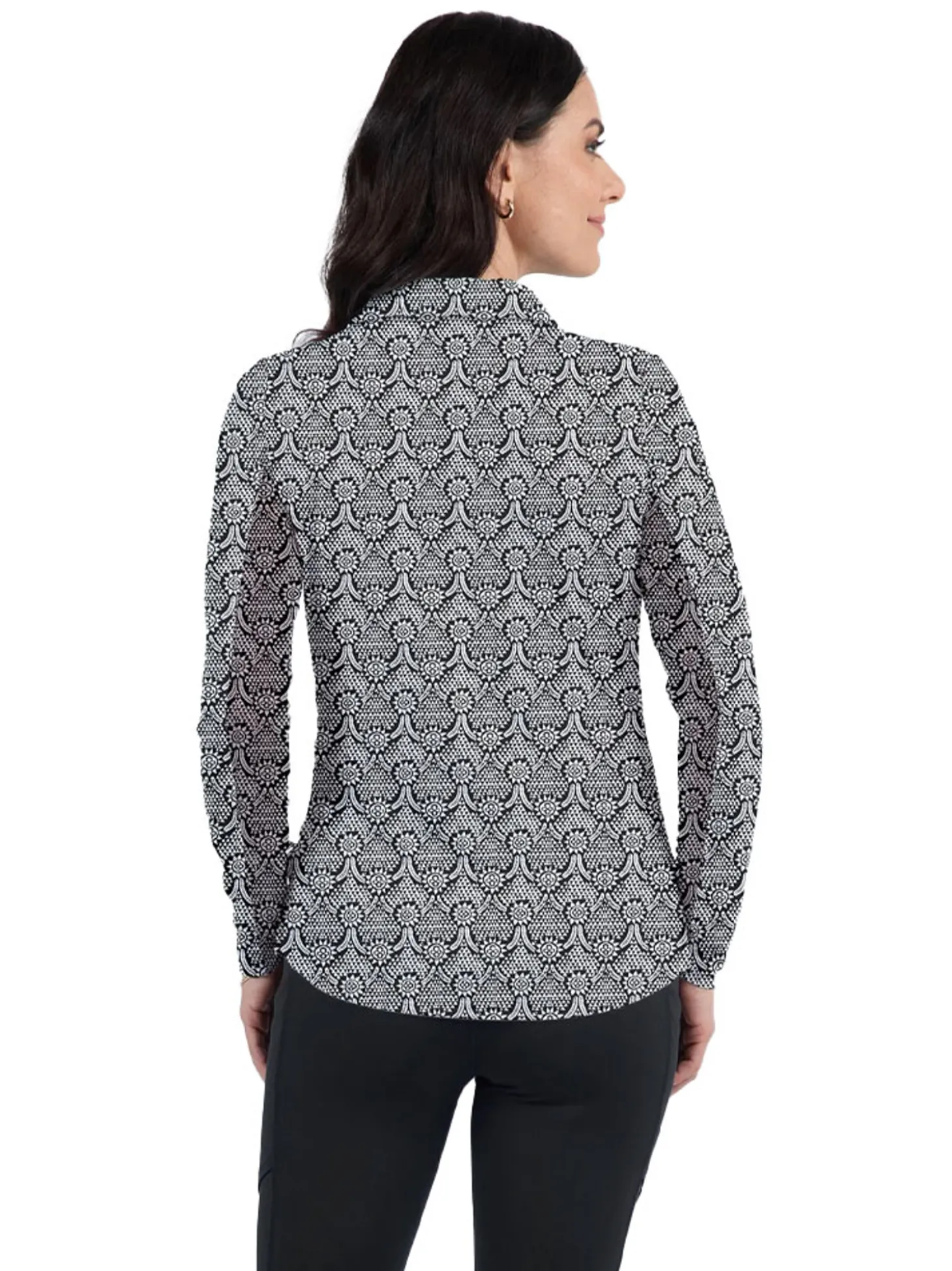 IBKUL Leslie Print Long Sleeve Zip Polo - Black/White