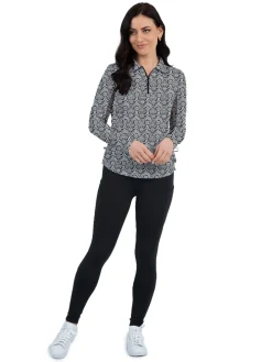 IBKUL Leslie Print Long Sleeve Zip Polo - Black/White